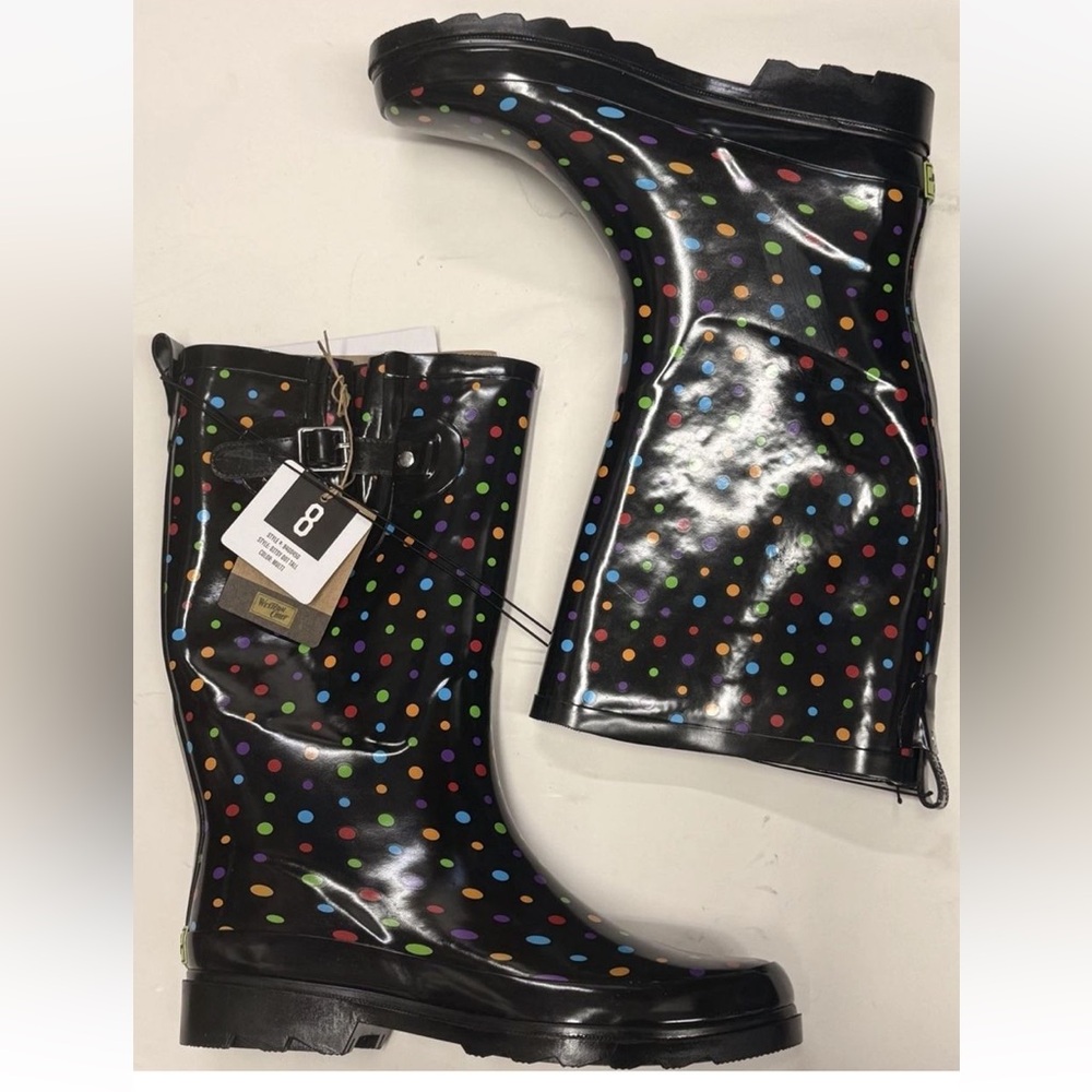 Women’s Black Rain Boots Size 8 Colorful Polka Dot Waterproof Rubber Shoes